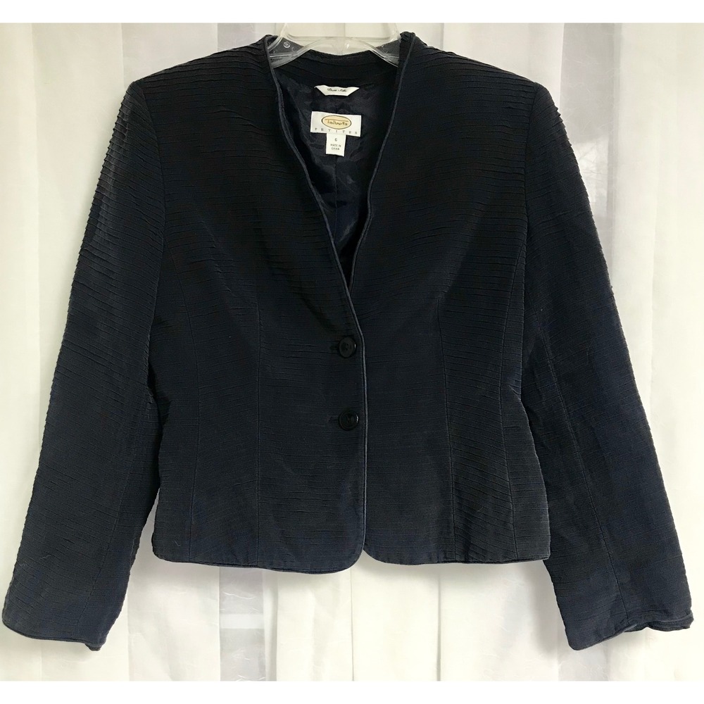 Talbots Petites Navy Blue 100% Pure Silk Textured Pleated Blazer Jacket Size 6P